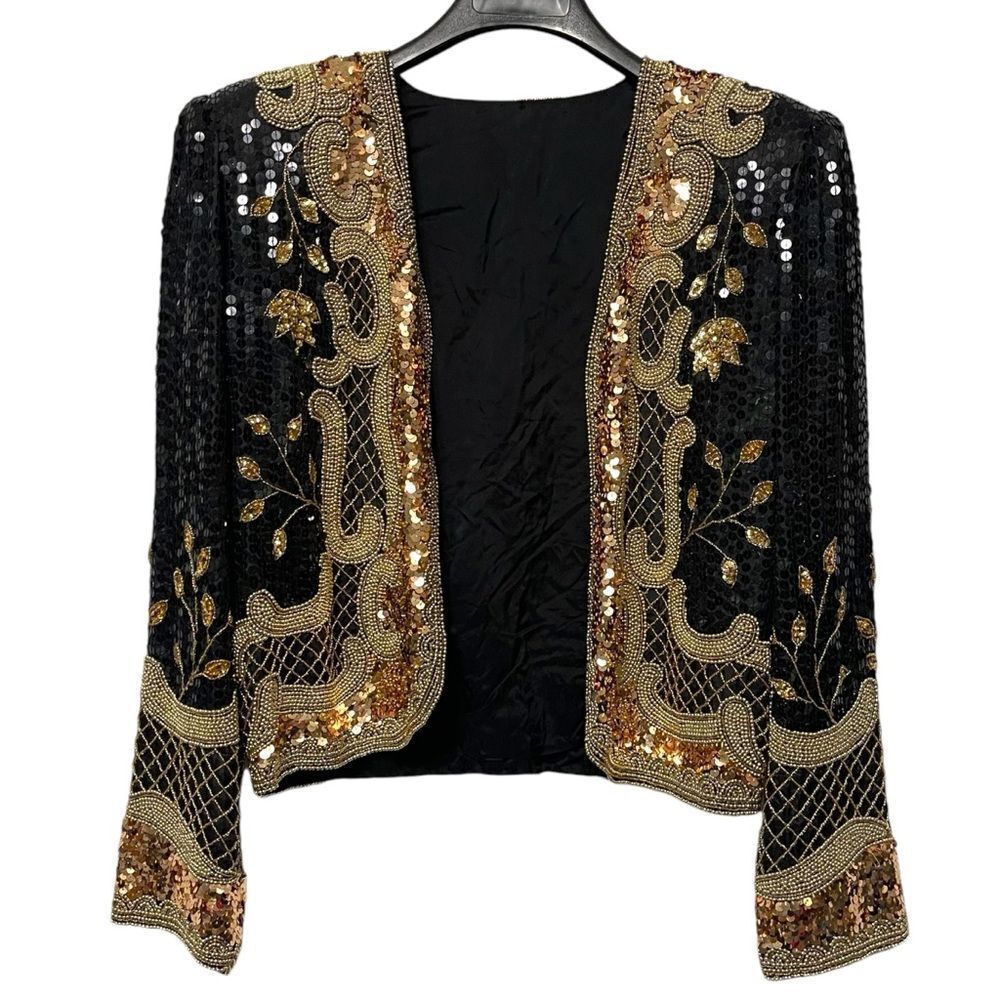 VINTAGE SKC Sequin Beaded Open Front Cropped Blazer XL
